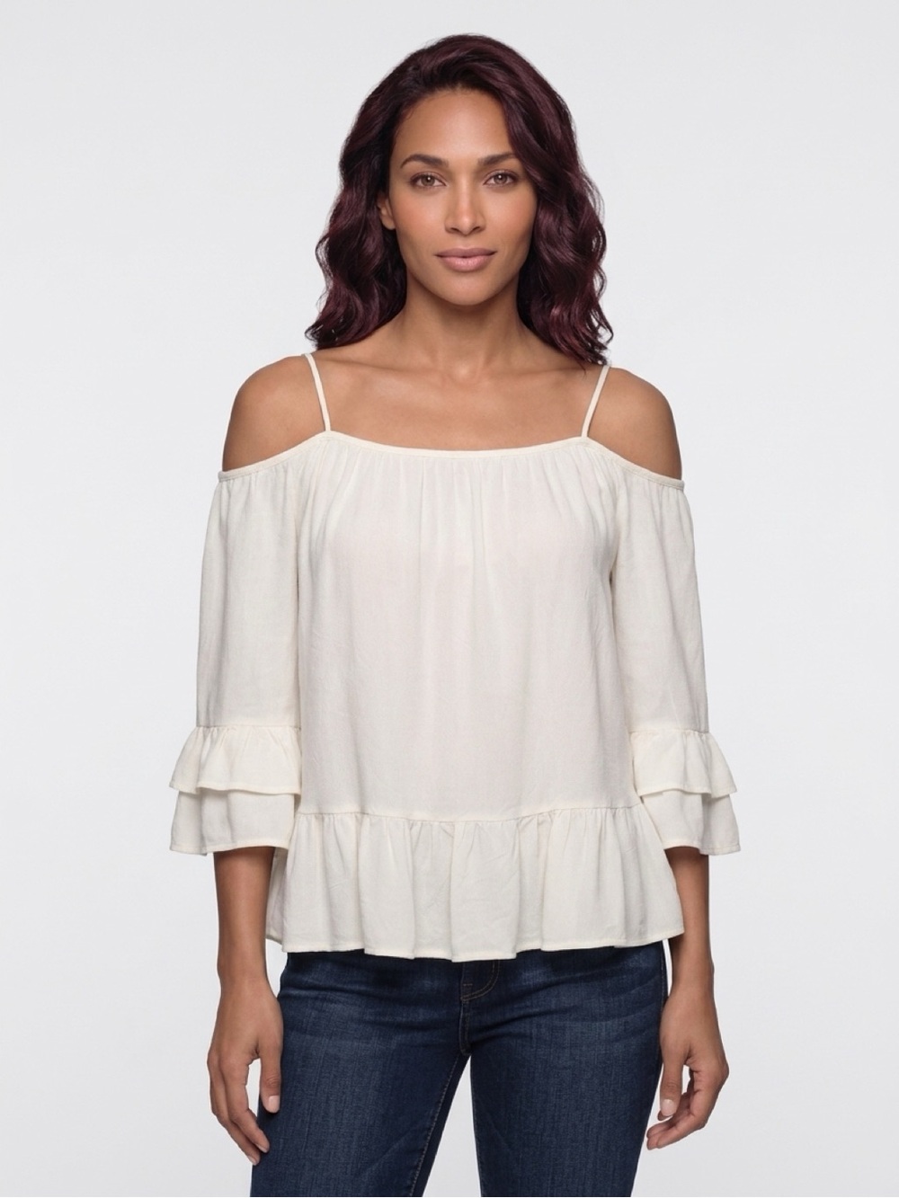 White Lined Cold-Shoulder Ruffle Peasant PPLA Blouse with Spaghetti Straps.